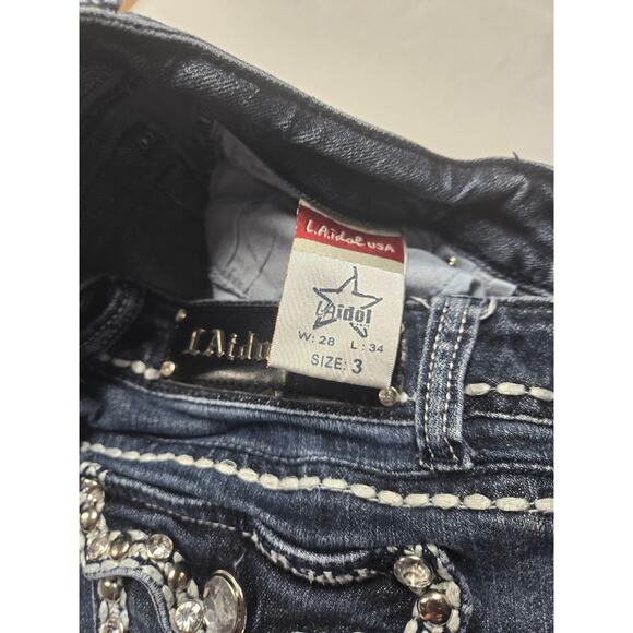 LA Idol USA Women's Size Tag 3 (24x33) Blue Denim Embellished Jeans Flap Pockets - Picture 3 of 9